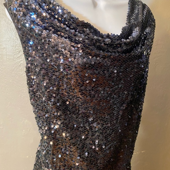 CALVIN KLIEN Black Sleeveless Sequin Cowl  Neck Top - Picture 2 of 15